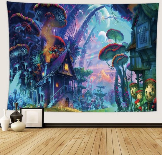 Ulticool - Psychedelisch Huis Natuur Wiet Paddestoel - Tapestry Paddenstoel Decoratie - Paddo Magic Glow in the Dark - Fluor Neon Wandkleed - 200x150 cm - Groot wandtapijt - Poster