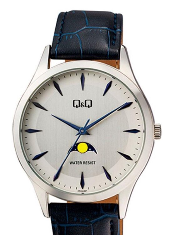 Stijlvol Q\u0026Q heren horloge met maanstand en blauw lederen band AA30J301 |  bol.com