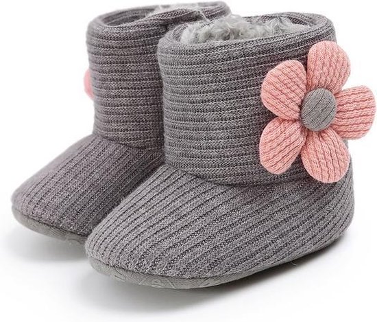 Chaussons de bébé - Pantoufles d' hiver - Grijs - Avec fleur - Taille 19/20 pour les 6-12 mois (12 cm)