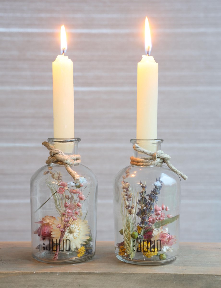 Droogbloemen in Glas met Kaarsen - Decoratieve Flessen met Kaars - Droogbloemen met vaas - 2 stuks -