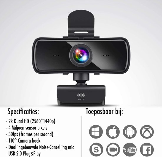 Maccy Webcam met Microfoon en Tripod - 2560x1440 - Webcam voor PC - HD Pro Webcam - Webcam voor Computer - 4 MP - Maccy