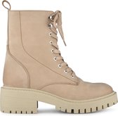 PS Poelman Klara Dames Leren Chunky Veterboot met Ritssluiting en Profielzool - Beige Taupe - Maat 37