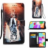 Hoesje voor Samsung Galaxy A71 - flip book case cover met koord en ruimte voor pasjes en print - Hoesje met leuk printje - Tijger kat hoesje voor Samsung A71.