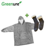 Greenure Hoodie Deken met Sokken Combi Deal Grijs - hoodie blanket - oversized trui - one size fits all - unisex - fleece deken - winter - wollen sokken - deken met mouw - cadeau - knuffeltru