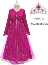 Luxe Frozen 2 Elsa jurk fuchsia  + gratis Frozen kroon - 134/140 (140) 9-10 jaar prinsessenjurk verkleed kleedje