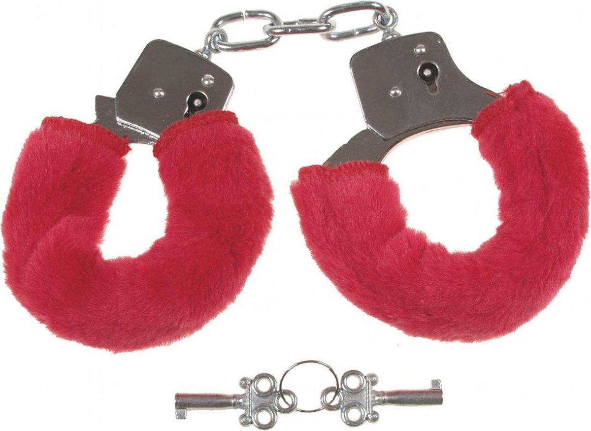 MFH Outdoor Handboeien 'Fun' verchroomd met 2 sleutels met rood kunstbont