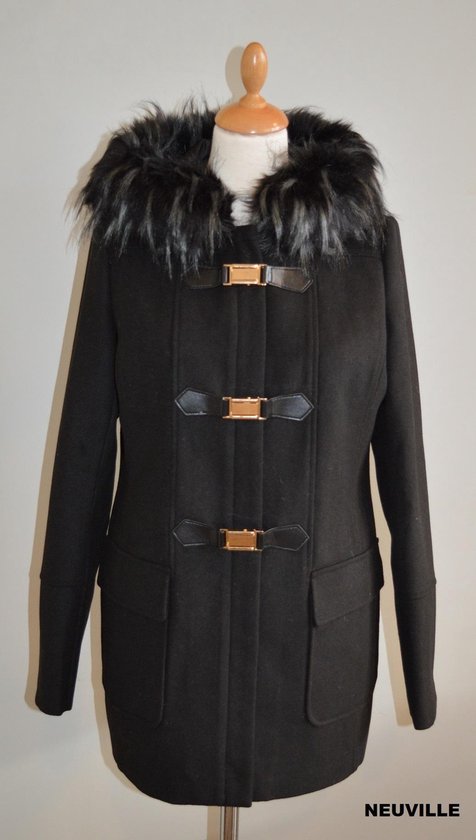 C&D casual wear NEUVILLE BLACK duffelcoat met geboruurde kap en opezette zakken maat 38