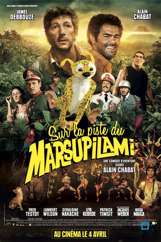 Filmcover "Sur la piste du Marsupilami" met hoofdrolspelers en de Marsupilami.