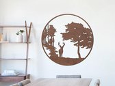 HOUTEN WANDDECORATIE / WOODEN WALL DECORATION - MUURDECORATIE / WALL ART - HERT IN BOS / DEER IN FOREST - 45 x 45cm - DONKER HOUT / DARK WOOD - WANDFIGUUR - TRENDY & HIP WOONKAMER