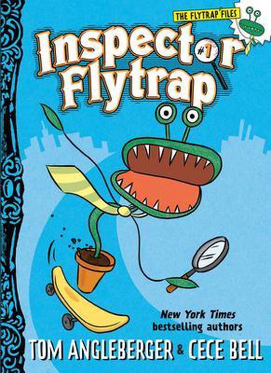 De cover van het boek "Inspector Flytrap", met een tekening van een vleesetende plant met een vergrootglas en een skateboard.
