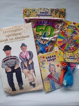 SARAH 5-delig feestpakket: vlaggenlijn, button met led knipperend, opvulpop  185 cm, sjerp , ballonnen met 50 jaar - Sara verjaardag