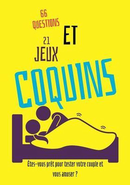 Livre "66 Questions et 21 Jeux Coquins". Illustration de deux personnages stylisés au lit.