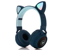 Kinder hoofdtelefoon - koptelefoon kinderen Bluetooth met led kattenoortjes blauw
