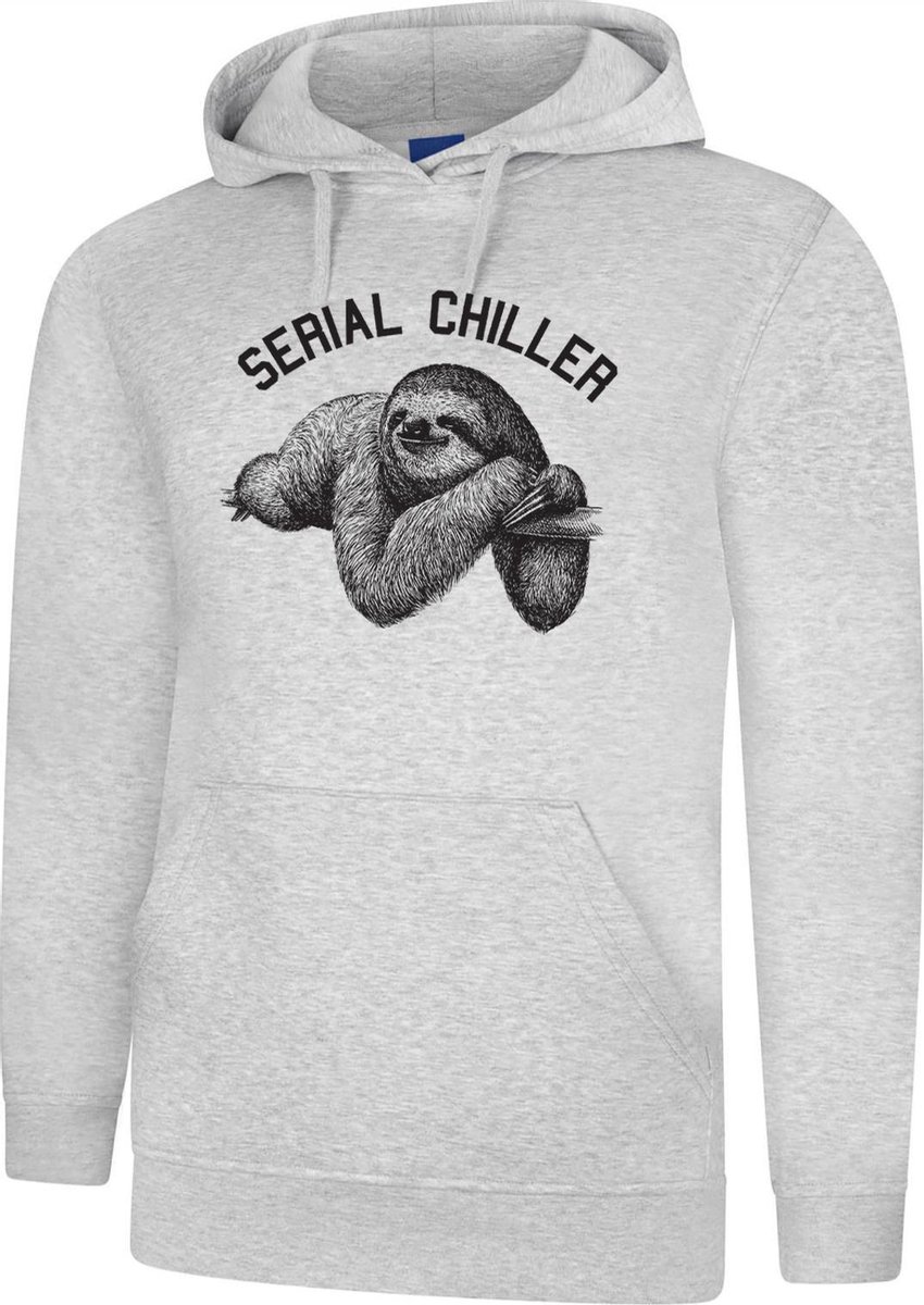 Hooded Sweater - met capuchon - Casual Hoodie - Fun Tekst - Lifestyle Hoody - Workout Sweater - Chill Sweater - Sloth - Luiaard - Serial Chiller - Heather Grey - Maat XXL
