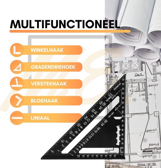 Omnium - Carré - Driehoek métrique - Speed Square - Crochet d'écriture - Crochet de bloc - Crochet à onglet - Triangle de mesure 5 en 1 - Zwart