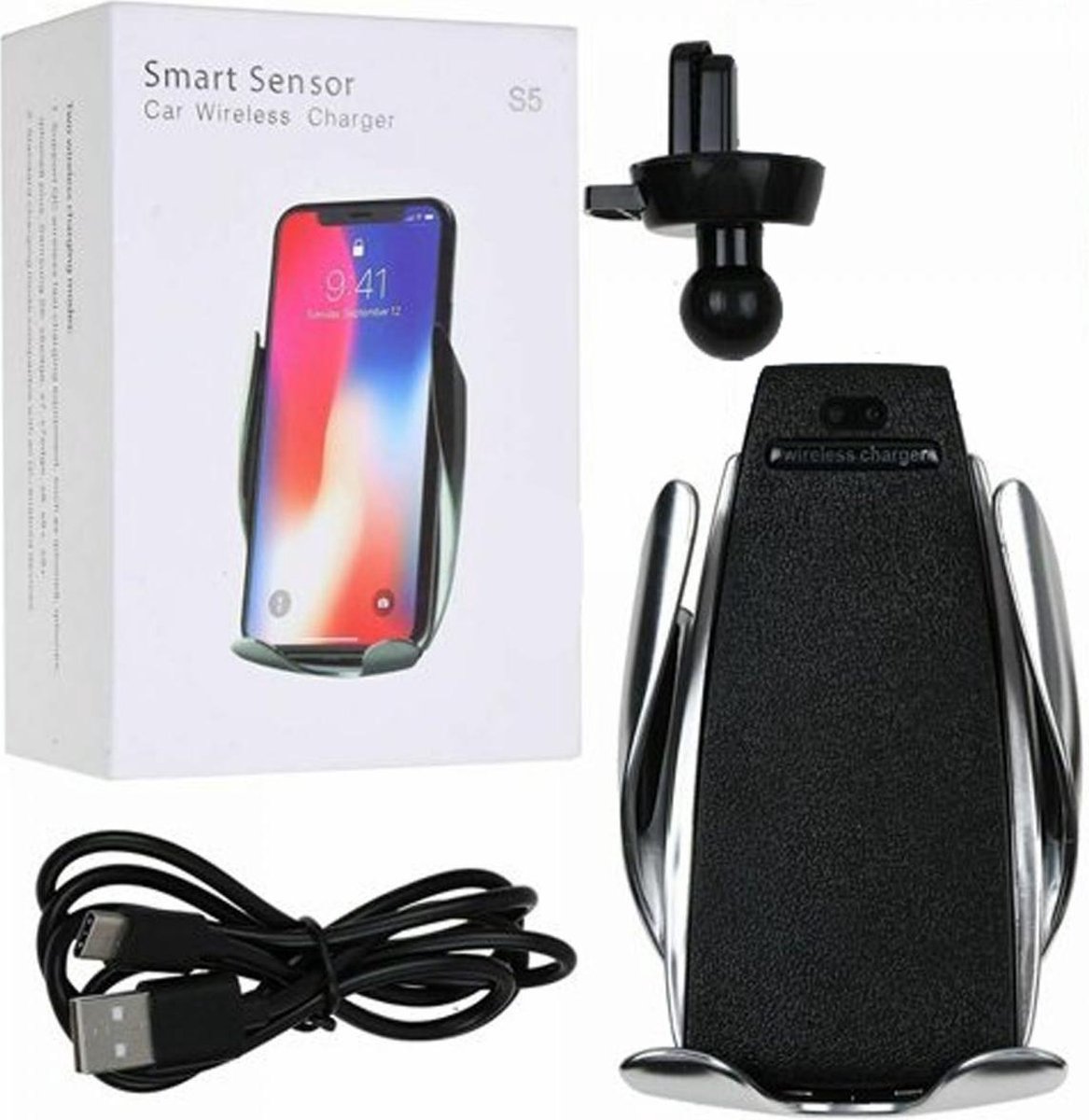 Universele Autolader - Smart Sensor S5 - Iphone, Samsung, Huawei, - Draadloze Qi autolader -Smart Sensor voor ventilatierooster – Wireless GSM Mobiel auto lader - Zwart