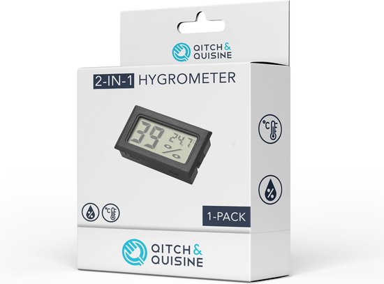 Compacte Hygrometer Mèt Batterijen - Zwart - Hygro- en Thermometer - Digitale Luchtvochtigheidsmeter - Vochtmeter Voor Binnen - 2 in 1 - Qitch & Quisine