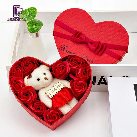 bol.com | Valentijn tip: 10 badzeep roosjes met beertje in hartvormige doos  - rood