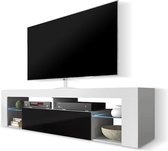 Maison’s Bianko – TV Meubel – TV Kast – Wit/Zwart – Glazen platen – Opbergvak – LED – 140x50,5x35