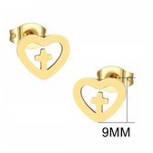 Aramat jewels ® - Oorstekers zweerknopjes hartje met kruisje chirurgisch staal goudkleurig 9mm