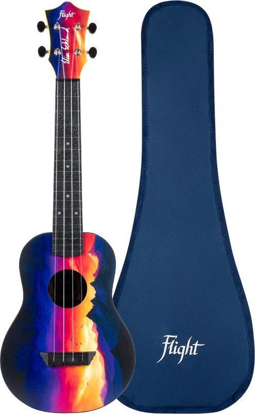 Ukulele met zonsondergang print en bijpassende donkerblauwe hoes.