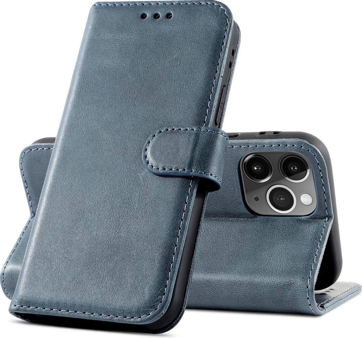 Klassiek Design - Echt Lederen Hoesje - Book Case Telefoonhoesje - Echt Leren Portemonnee Wallet Case - iPhone 12 Pro Max - Navy