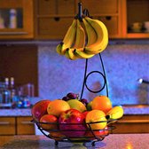 Fruitmand met Banaanhouder – Fruitschaal zwart – Fruitmand Zwart metaal – Bananenhouder – Fruitmand hangend - Decoratieve schaal – Keuken – 27x27x39