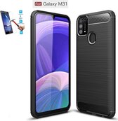 Samsung Galaxy M31 Carbone Brushed Tpu Zwart Cover Case Hoesje - 1 x Tempered Glass Screenprotector CTBL