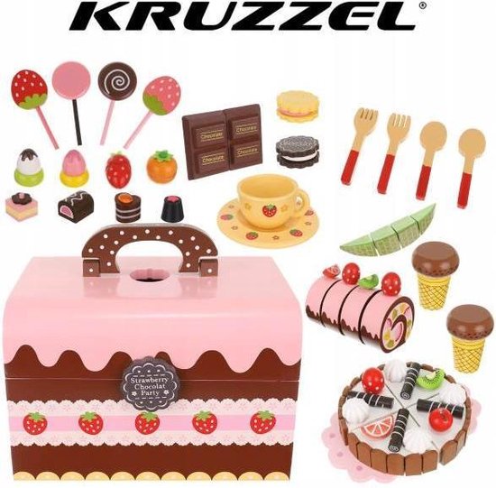 gewoontjes hoofdpijn cafetaria speelgoed, keuken snij snoep/taartjes en bordjes. in een houten kist |  bol.com