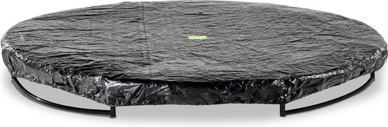 Zwarte EXIT trampoline afdekhoes ø427cm met groen EXIT logo, op de poten van de trampoline.