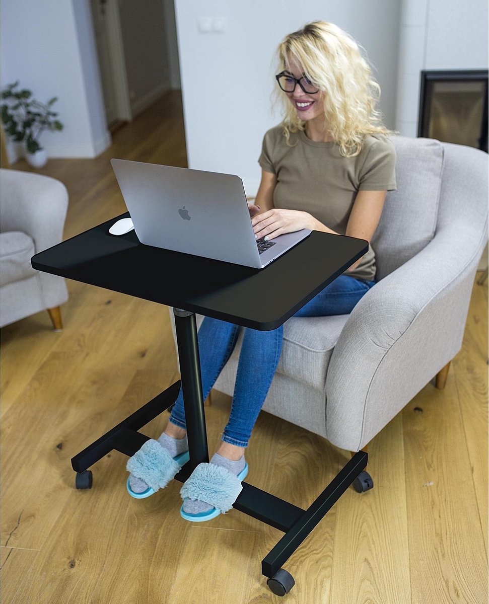 Tatkraft Joy Ergonomic Laptop Table On Wheels - With Mouse Pad - Non-slip Laptop Standing Table Height Adjustable - Notebook Stand Holder - Black
