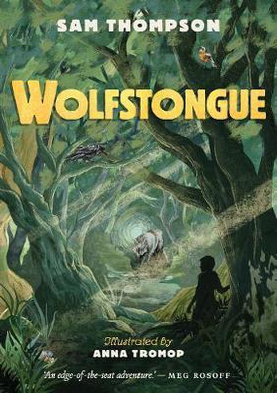 Boekomslag van Wolfstongue, met een wolf in een bos en een kind silhouet.