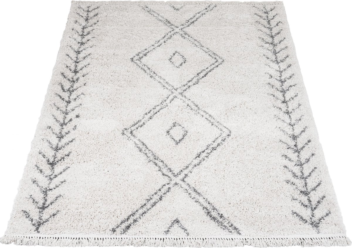 Veer Carpets Vloerkleed Rabat Cream 200 x 280 cm - Hoogpolig Vloerkleed – Berber / Bohemian Design Creme