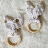 Babybeads - Bijtring konijnenoren - Wit met gouden stipjes