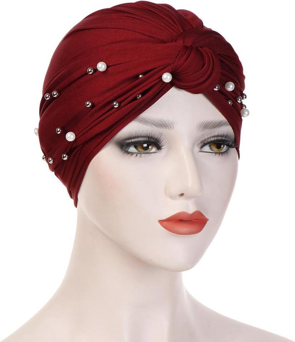 IRSA Scarfs Jersey Turban With Pearls Burgundy Hijab Hoofddoek