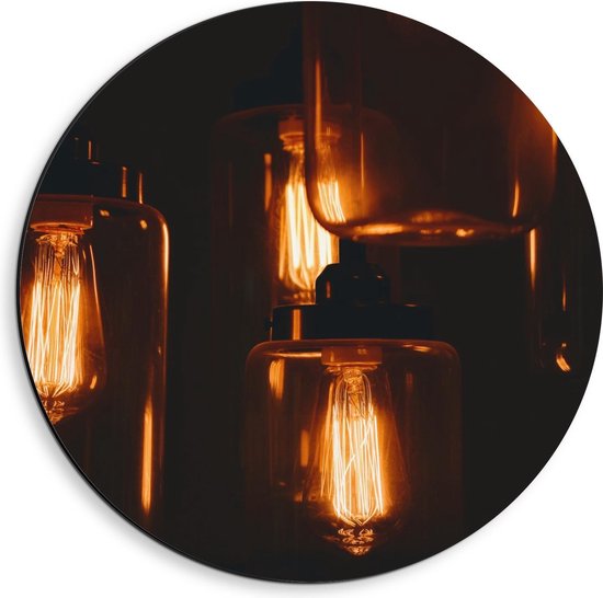 Dibond Wandcirkel - Hangende Lampen in Glazen Potten - 40x40cm Foto op Aluminium Wandcirkel (met ophangsysteem)