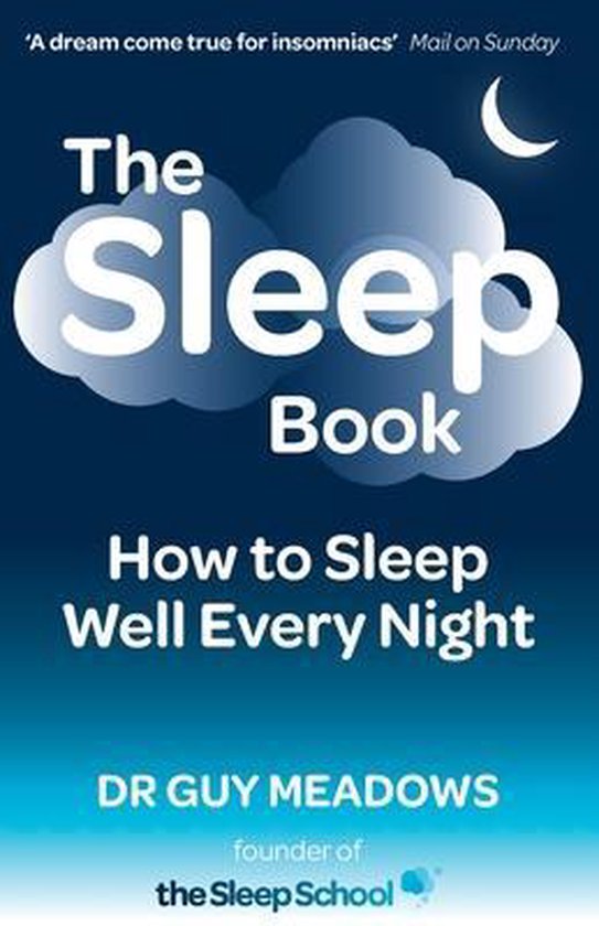 Boekomslag 'The Sleep Book' met tekst 'How to Sleep Well Every Night' en een halve maan. 'A dream come true for insomniacs'.