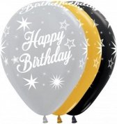 Metallic ballonnen Happy Birthday, 6 stuks, Goud, Zilver/ Zwart, 100% biologisch afbreekbaar.