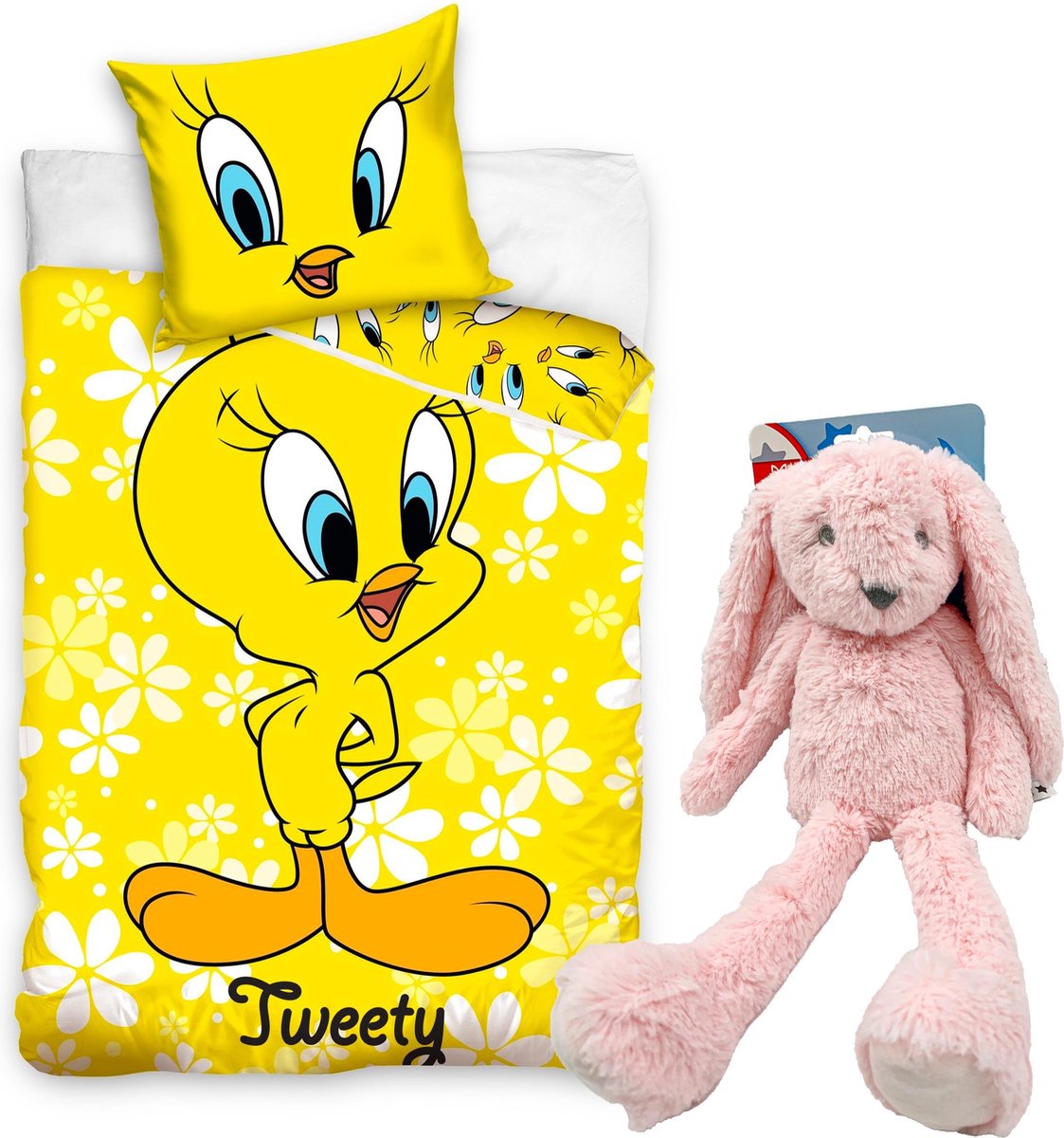 Looney Tunes-Dekbedovertrek Tweety- Ledikant 100x135cm - katoen, incl. grote knuffel konijn 37 cm roze Looney Tunes-Dekbedovertrek Tweety- Ledikant 100x135cm - katoen, incl. grote knuffel konijn 37 cm roze