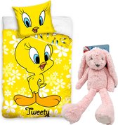 Looney Tunes-Dekbedovertrek Tweety- Ledikant 100x135cm - katoen, incl. grote knuffel konijn 37 cm roze