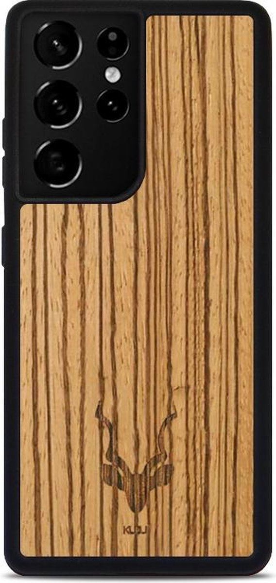Kudu Samsung Galaxy S21 Ultra hoesje case - Houten backcover - Handgemaakt en afgewerkt met duurzaam TPU - Zebrano - Zwart
