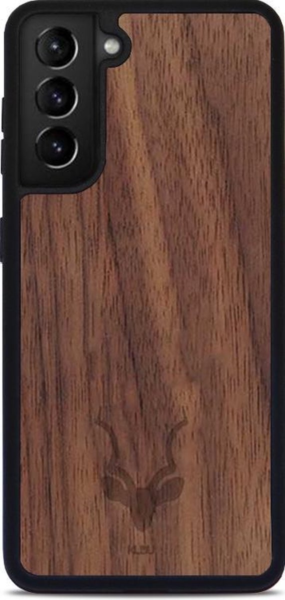 Kudu Samsung Galaxy S21 Plus hoesje case - Houten backcover - Handgemaakt en afgewerkt met duurzaam TPU - Walnoot - Zwart