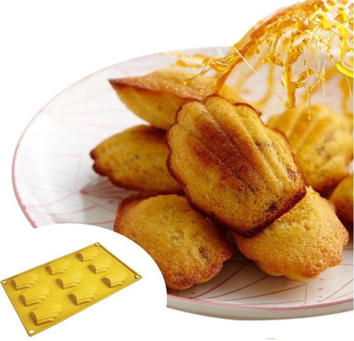Siliconen Madeleine bakvorm - ZijTak - antikleef - 9 madeleinen - ware grootte - bakvorm - plooibaar - duurzaam - vorm - herbruikbaar - dessert - toetjes - bak - bakken - cake - taart - gratis verzending - Fleurig Geel
