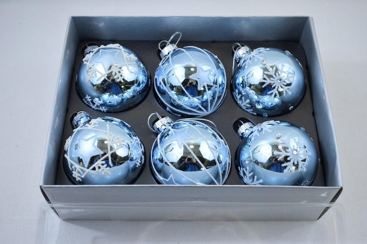 Kerstbal glas iceblue 6cm gedecoreerd (2 doosjes á 6 stuks)