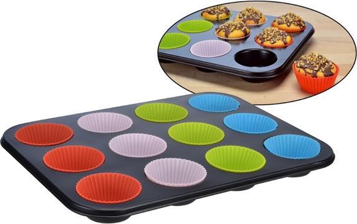Muffinbakvorm - met siliconen vormpjes - voor 12 muffins