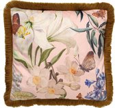 Dutch Decor HANNA - Kussenhoes velvet - 45x45 cm - Dusty Pink - roze bloemen - vlinders - franjes - met rits