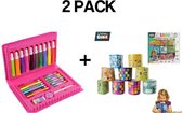 2 PACK!!!Roze Mini Tekenset 25-delig (Tekenen-Kleurpotloden-Viltstiften-Pastel)+ Mini Stickerset (1000 Mini Stickers)