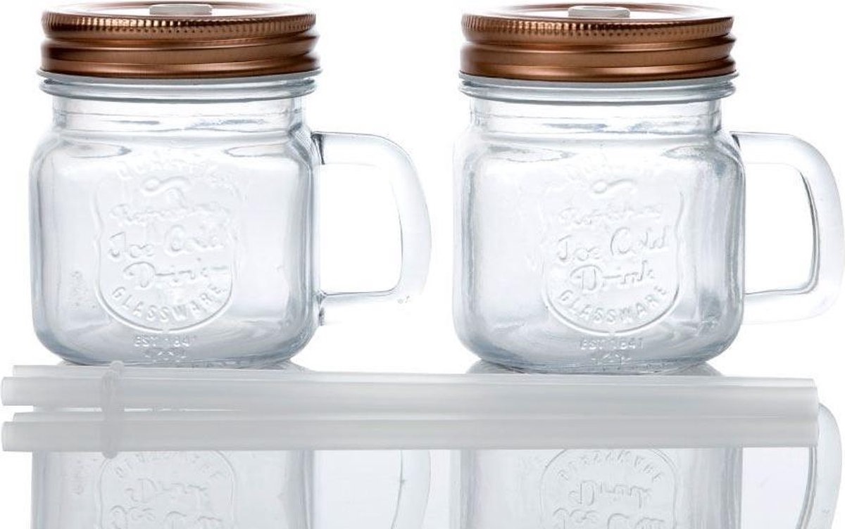 English Home Vintage Glazen Flessen (250 ml) met Deksel Set van 4 met Antiek Metalen Dienblad en Handvat 18x9 5x9 5 cm