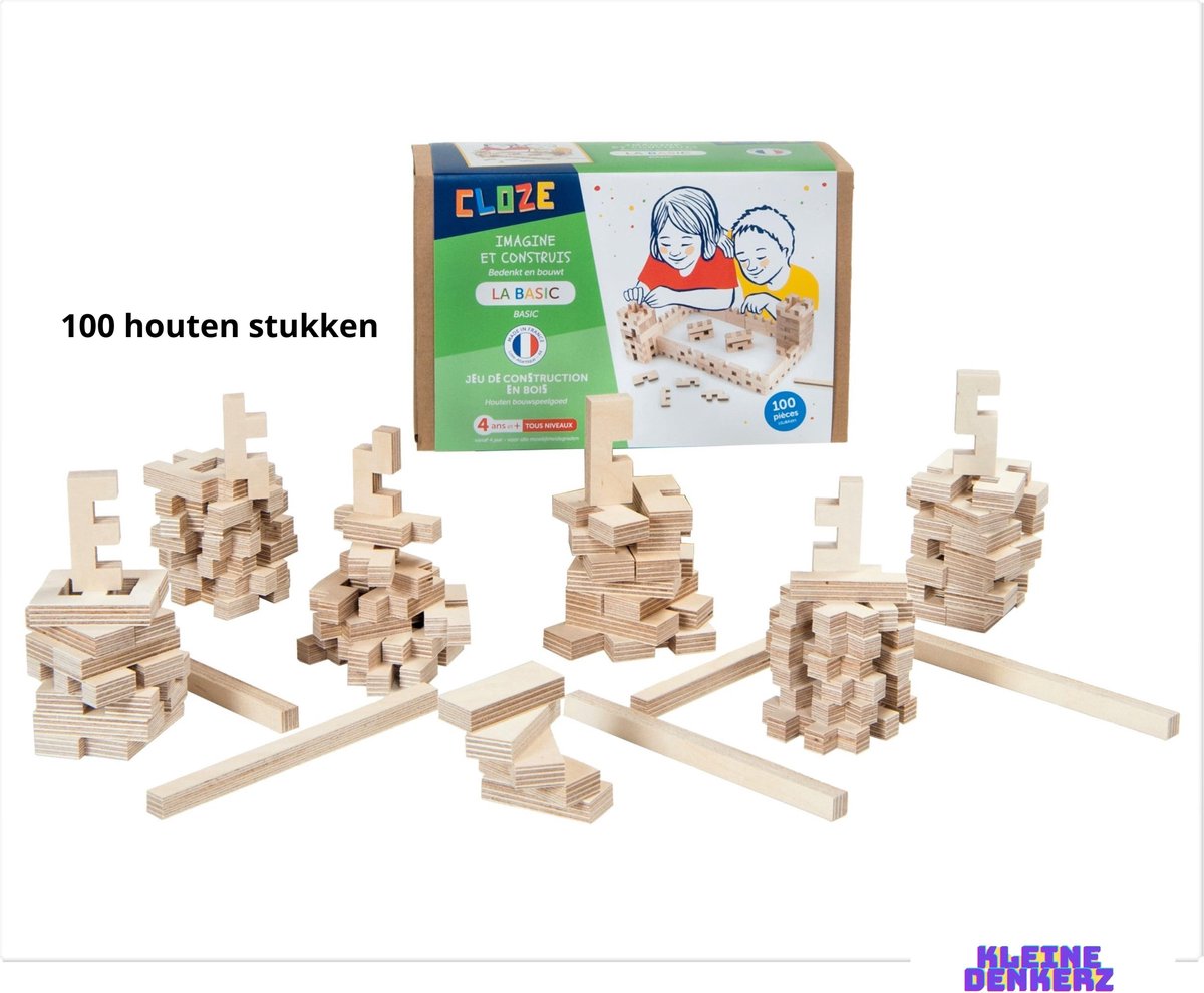 Fantasie Constructie Houten set - 100 Puzzelstukken - Duurzaam - Cognitief Speelgoed - Bouwen - Houten Blokken - Kleine Denker