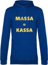 Hoodie met opdruk “Massa is kassa” Blauwe hoodie met gele opdruk – Goede pasvorm, fijn draag comfort